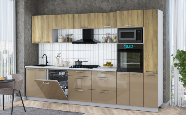 Изображение товара Кухонный гарнитур Интерлиния Мила Gloss 3.3-ПМ1 (капучино глянец/дуб вотан/серый каспий)