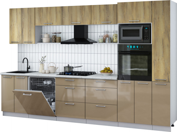 Изображение товара Кухонный гарнитур Интерлиния Мила Gloss 3.3-ПМ1 (капучино глянец/дуб вотан/серый каспий)