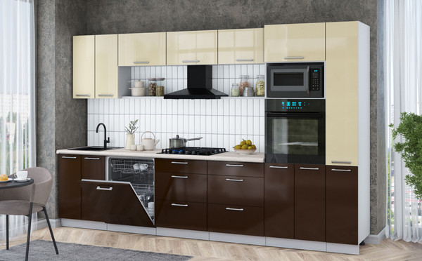 Изображение товара Кухонный гарнитур Интерлиния Мила Gloss 3.3-ПМ1 (шоколад глянец/ваниль глянец/травертин серый)