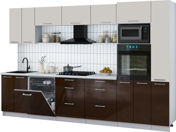 Изображение товара Кухонный гарнитур Интерлиния Мила Gloss 3.3-ПМ1 (шоколад глянец/кашемир/серый каспий)