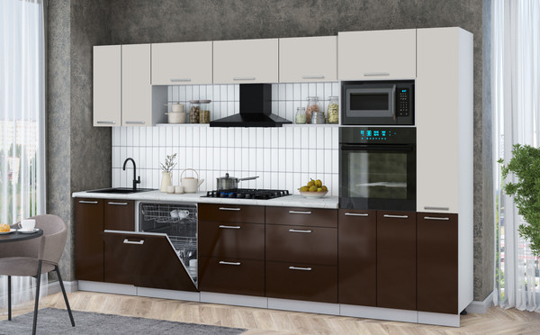 Изображение товара Кухонный гарнитур Интерлиния Мила Gloss 3.3-ПМ1 (шоколад глянец/кашемир/серый каспий)