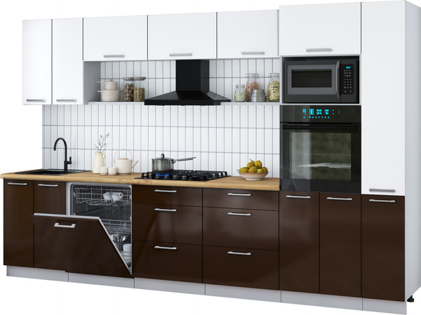 Изображение товара Кухонный гарнитур Интерлиния Мила Gloss 3.3-ПМ1 (шоколад глянец/белый/дуб бунратти)