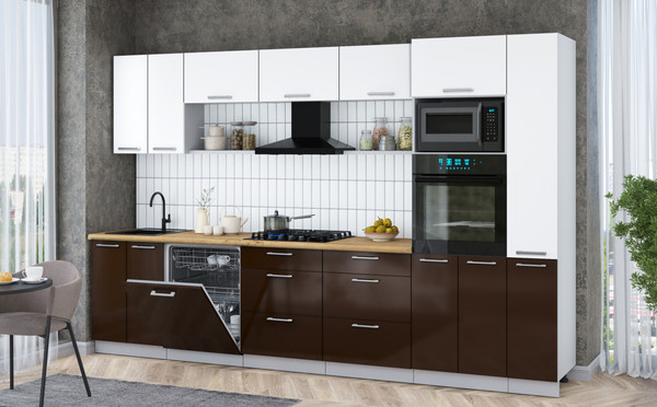 Изображение товара Кухонный гарнитур Интерлиния Мила Gloss 3.3-ПМ1 (шоколад глянец/белый/дуб бунратти)