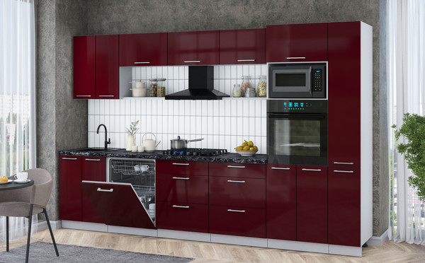 Изображение товара Кухонный гарнитур Интерлиния Мила Gloss 3.3-ПМ1 (бордовый глянец/бордовый глянец/кастилло темный)