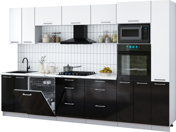 Изображение товара Кухонный гарнитур Интерлиния Мила Gloss 3.3-ПМ1 (черный глянец/белый/белый гранит)