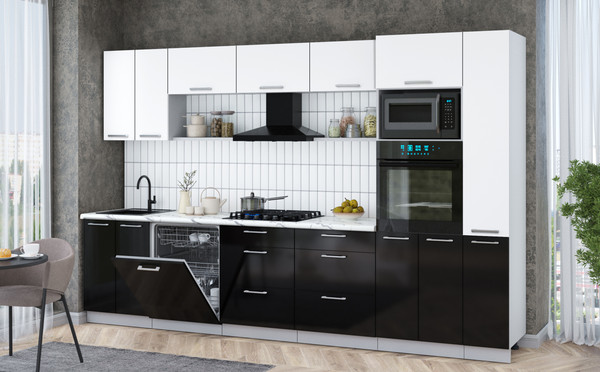 Изображение товара Кухонный гарнитур Интерлиния Мила Gloss 3.3-ПМ1 (черный глянец/белый/белый гранит)