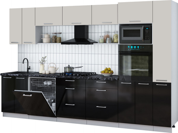 Изображение товара Кухонный гарнитур Интерлиния Мила Gloss 3.3-ПМ1 (черный глянец/кашемир/кастилло темный)