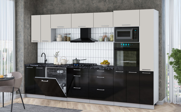 Изображение товара Кухонный гарнитур Интерлиния Мила Gloss 3.3-ПМ1 (черный глянец/кашемир/кастилло темный)