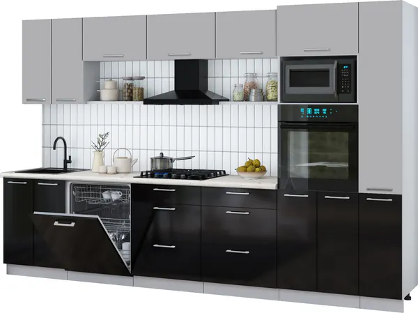 Изображение товара Кухонный гарнитур Interline Мила Gloss 3.3-ПМ1 (черный глянец/грей/бискайская сосна)