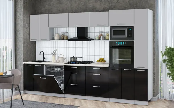 Изображение товара Кухонный гарнитур Interline Мила Gloss 3.3-ПМ1 (черный глянец/грей/бискайская сосна)