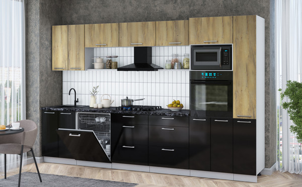 Изображение товара Кухонный гарнитур Интерлиния Мила Gloss 3.3-ПМ1 (черный глянец/дуб вотан/кастилло темный)
