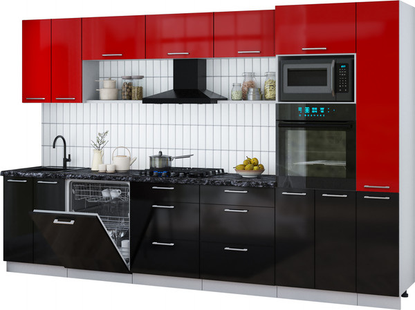 Изображение товара Кухонный гарнитур Интерлиния Мила Gloss 3.3-ПМ1 (черный глянец/красный глянец/кастилло темный)