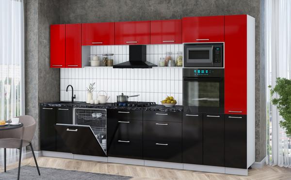 Изображение товара Кухонный гарнитур Интерлиния Мила Gloss 3.3-ПМ1 (черный глянец/красный глянец/кастилло темный)