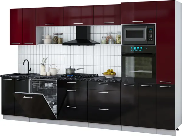 Изображение товара Кухонный гарнитур Interline Мила Gloss 3.3-ПМ1 (черный глянец/бордовый глянец/кастилло темный)