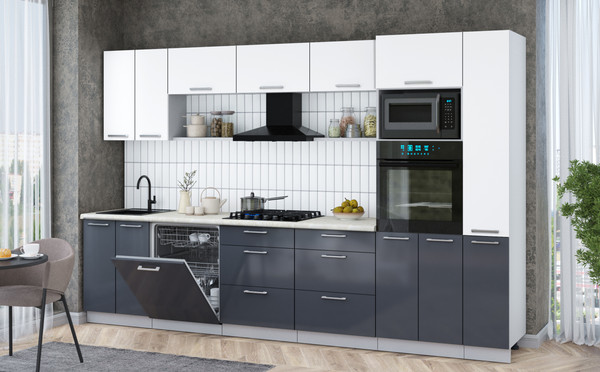 Изображение товара Кухонный гарнитур Интерлиния Мила Gloss 3.3-ПМ1 (асфальт глянец/белый/опал светлый)