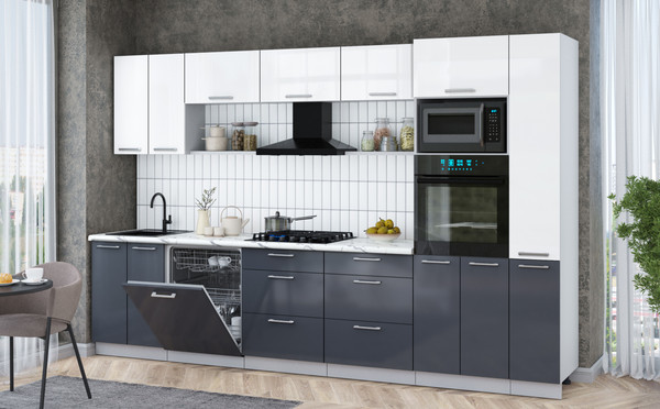 Изображение товара Кухонный гарнитур Интерлиния Мила Gloss 3.3-ПМ1 (асфальт глянец/белый глянец/белый гранит)
