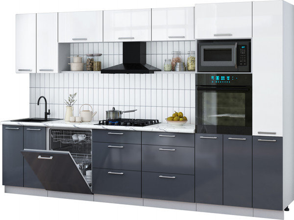 Изображение товара Кухонный гарнитур Интерлиния Мила Gloss 3.3-ПМ1 (асфальт глянец/белый глянец/белый гранит)