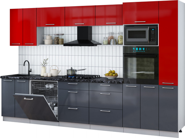 Изображение товара Кухонный гарнитур Интерлиния Мила Gloss 3.3-ПМ1 (асфальт глянец/красный глянец/кастилло темный)