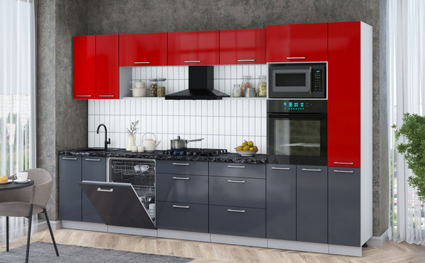 Изображение товара Кухонный гарнитур Интерлиния Мила Gloss 3.3-ПМ1 (асфальт глянец/красный глянец/кастилло темный)