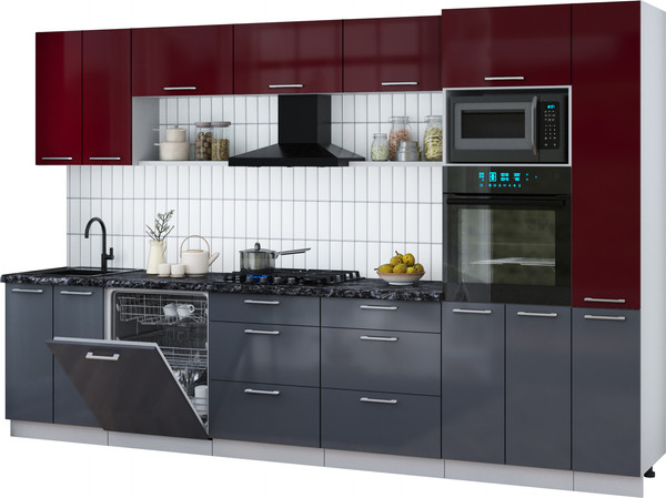 Изображение товара Кухонный гарнитур Интерлиния Мила Gloss 3.3-ПМ1 (асфальт глянец/бордовый глянец/кастилло темный)