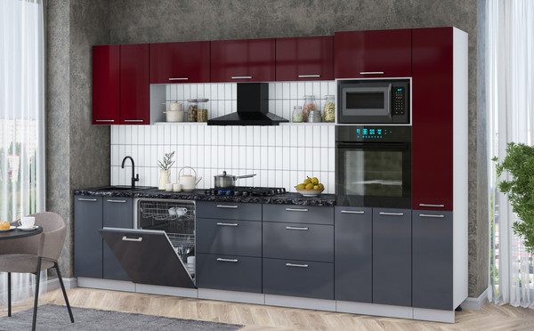 Изображение товара Кухонный гарнитур Интерлиния Мила Gloss 3.3-ПМ1 (асфальт глянец/бордовый глянец/кастилло темный)