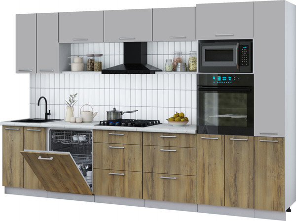 Изображение товара Кухонный гарнитур Интерлиния Мила Gloss 3.3-ПМ1 (дуб вотан/грей/серый каспий)