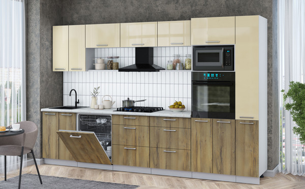 Изображение товара Кухонный гарнитур Интерлиния Мила Gloss 3.3-ПМ1 (дуб вотан/ваниль глянец/серый каспий)