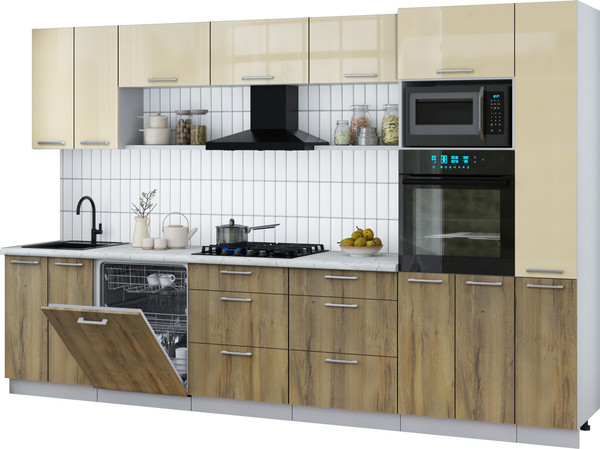 Изображение товара Кухонный гарнитур Интерлиния Мила Gloss 3.3-ПМ1 (дуб вотан/ваниль глянец/серый каспий)