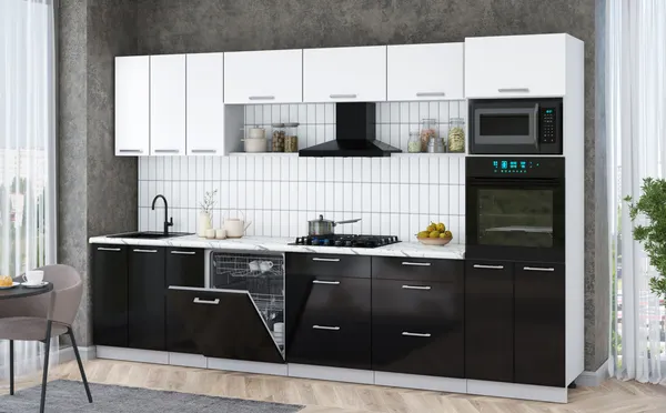 Изображение товара Кухонный гарнитур Interline Мила Gloss 3.3-ПМ1-2 (черный глянец/белый/белый гранит)