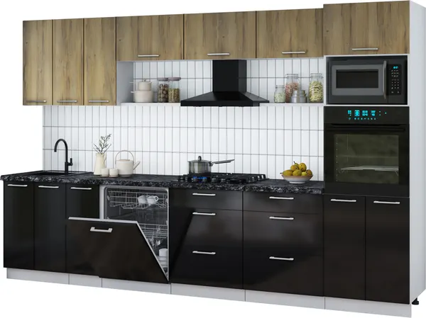 Изображение товара Кухонный гарнитур Interline Мила Gloss 3.3-ПМ1-2 (черный глянец/дуб вотан/кастилло темный)