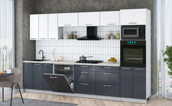 Изображение товара Кухонный гарнитур Interline Мила Gloss 3.3-ПМ1-2 (асфальт глянец/белый/опал светлый)