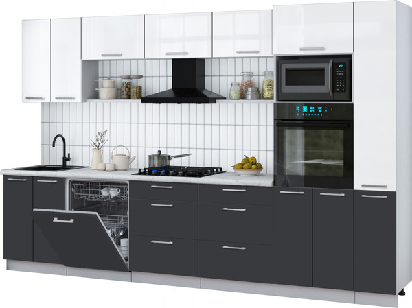 Изображение товара Кухонный гарнитур Интерлиния Мила Gloss 3.3-ПМ1 (пепел/белый глянец/серый каспий)