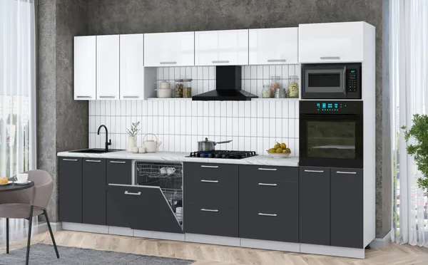 Изображение товара Кухонный гарнитур Interline Мила Gloss 3.3-ПМ1-2 (пепел/белый глянец/серый каспий)