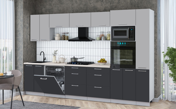 Изображение товара Кухонный гарнитур Интерлиния Мила Gloss 3.3-ПМ1 (пепел/грей/травертин серый)