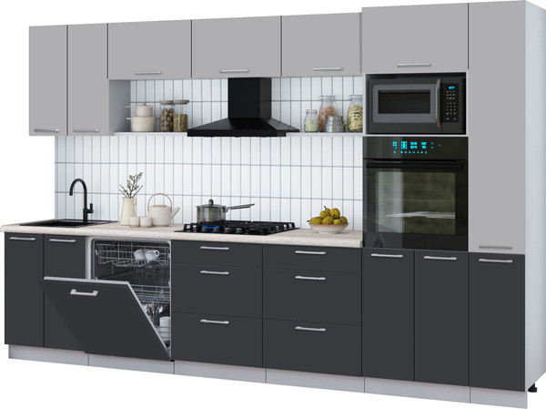 Изображение товара Кухонный гарнитур Интерлиния Мила Gloss 3.3-ПМ1 (пепел/грей/травертин серый)