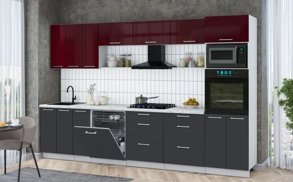 Изображение товара Кухонный гарнитур Interline Мила Gloss 3.3-ПМ1-2 (пепел/бордовый глянец/серый каспий)