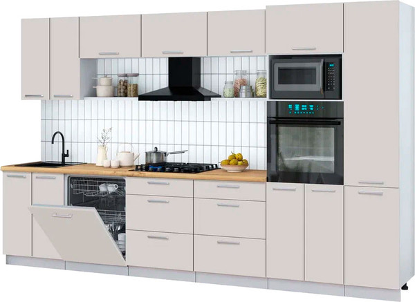 Изображение товара Кухонный гарнитур Интерлиния Мила Gloss 3.4-ПМ1 (кашемир/кашемир/дуб бунратти)