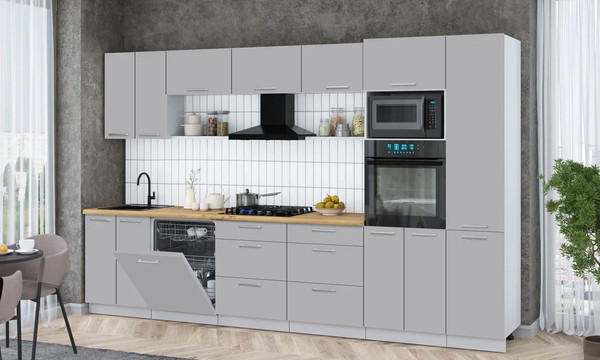 Изображение товара Кухонный гарнитур Интерлиния Мила Gloss 3.4-ПМ1 (грей/грей/дуб бунратти)