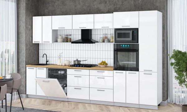 Изображение товара Кухонный гарнитур Интерлиния Мила Gloss 3.4-ПМ1 (белый глянец/белый глянец/дуб бунратти)