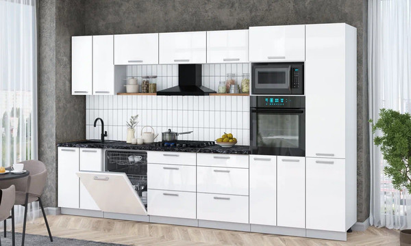 Изображение товара Кухонный гарнитур Интерлиния Мила Gloss 3.4-ПМ1 (белый глянец/белый глянец/кастилло темный)