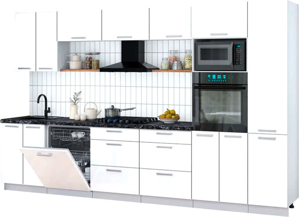 Изображение товара Кухонный гарнитур Интерлиния Мила Gloss 3.4-ПМ1 (белый глянец/белый глянец/кастилло темный)