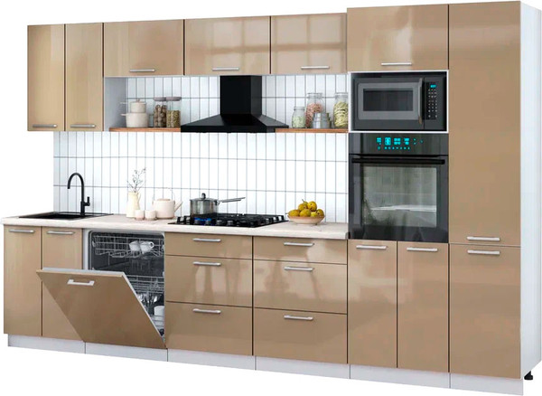 Изображение товара Кухонный гарнитур Интерлиния Мила Gloss 3.4-ПМ1 (капучино глянец/капучино глянец/бискайская сосна)