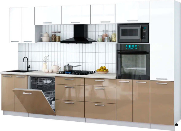 Изображение товара Кухонный гарнитур Интерлиния Мила Gloss 3.4-ПМ1 (капучино глянец/белый глянец/опал светлый)