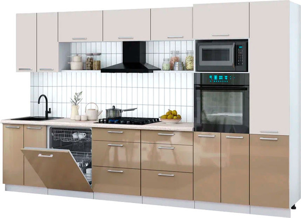 Изображение товара Кухонный гарнитур Интерлиния Мила Gloss 3.4-ПМ1 (капучино глянец/кашемир/травертин серый)