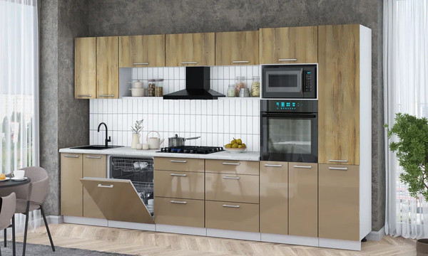 Изображение товара Кухонный гарнитур Интерлиния Мила Gloss 3.4-ПМ1 (капучино глянец/дуб вотан/серый каспий)