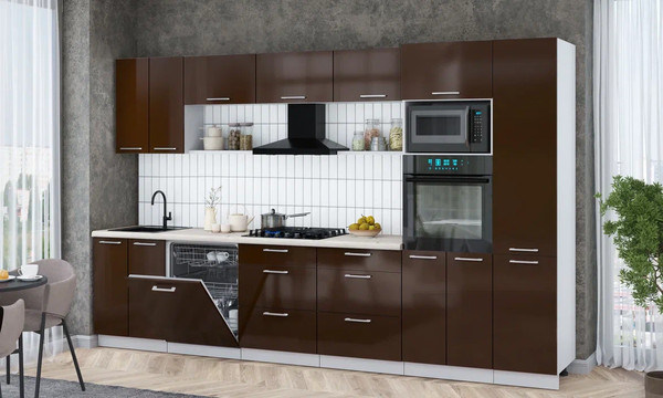 Изображение товара Кухонный гарнитур Интерлиния Мила Gloss 3.4-ПМ1 (шоколад глянец/шоколад глянец/бискайская сосна)