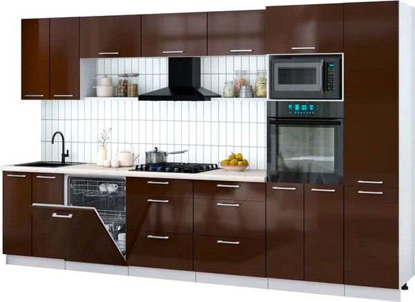 Изображение товара Кухонный гарнитур Интерлиния Мила Gloss 3.4-ПМ1 (шоколад глянец/шоколад глянец/бискайская сосна)