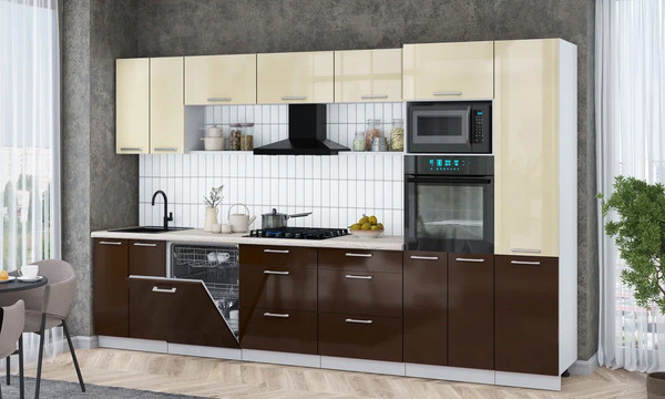 Изображение товара Кухонный гарнитур Интерлиния Мила Gloss 3.4-ПМ1 (шоколад глянец/ваниль глянец/травертин серый)