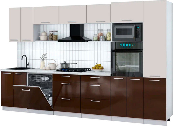 Изображение товара Кухонный гарнитур Интерлиния Мила Gloss 3.4-ПМ1 (шоколад глянец/кашемир/серый каспий)