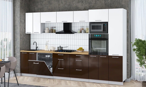 Изображение товара Кухонный гарнитур Интерлиния Мила Gloss 3.4-ПМ1 (шоколад глянец/белый/дуб бунратти)